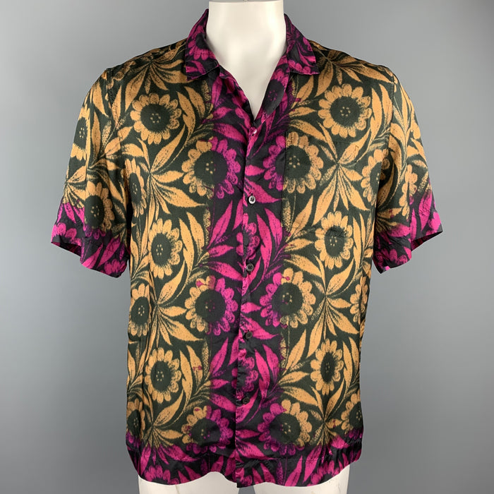 DRIES VAN NOTEN Size L Black & Gold Floral Viscose Camp Short Sleeve Shirt