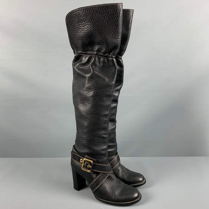 DOLCE & GABBANA Size 10 Black Leather Pebble Grain Ankle Strap Boots
