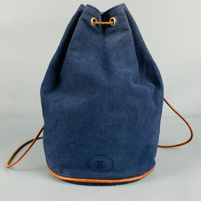 HERMES Navy Tan Cotton Leather Drawstring Bucket Bag