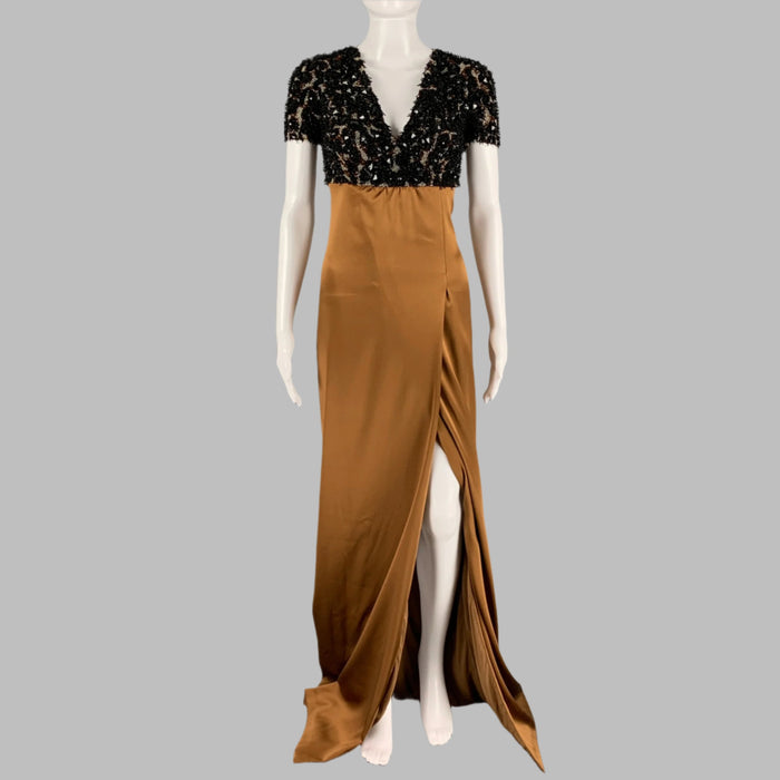 BURBERRY PRORSUM Pre-Fall 2013 Size XS Brown Camel Silk Evening Gown Long Dress