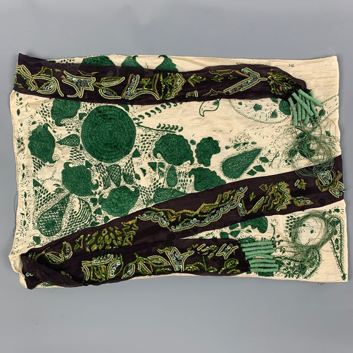 DRIES VAN NOTEN Beige Brown Green Embroidered Silk Scarf