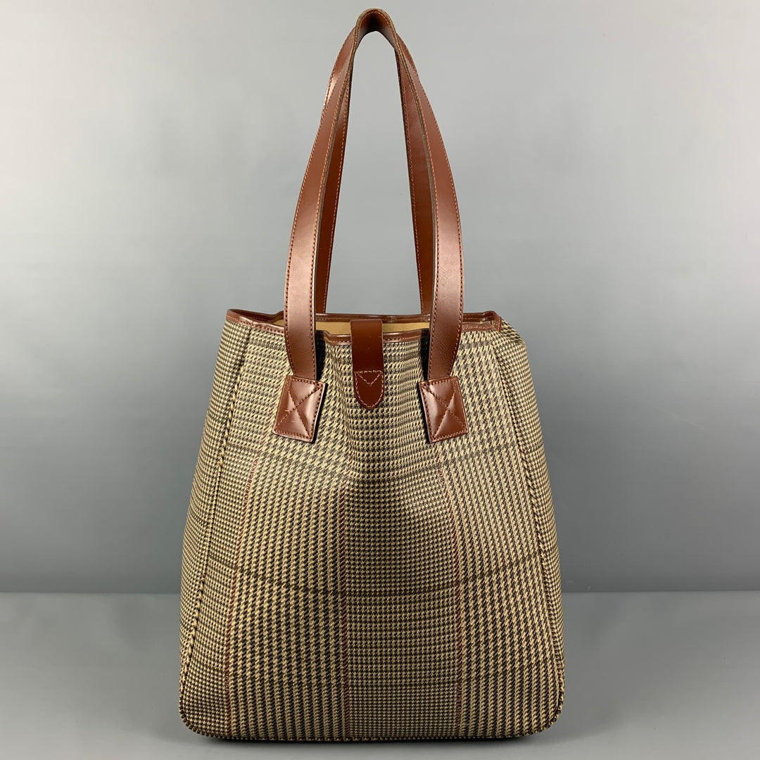 Vintage RALPH LAUREN Beige Brown Plaid Leather Trim Canvas Tote Bag