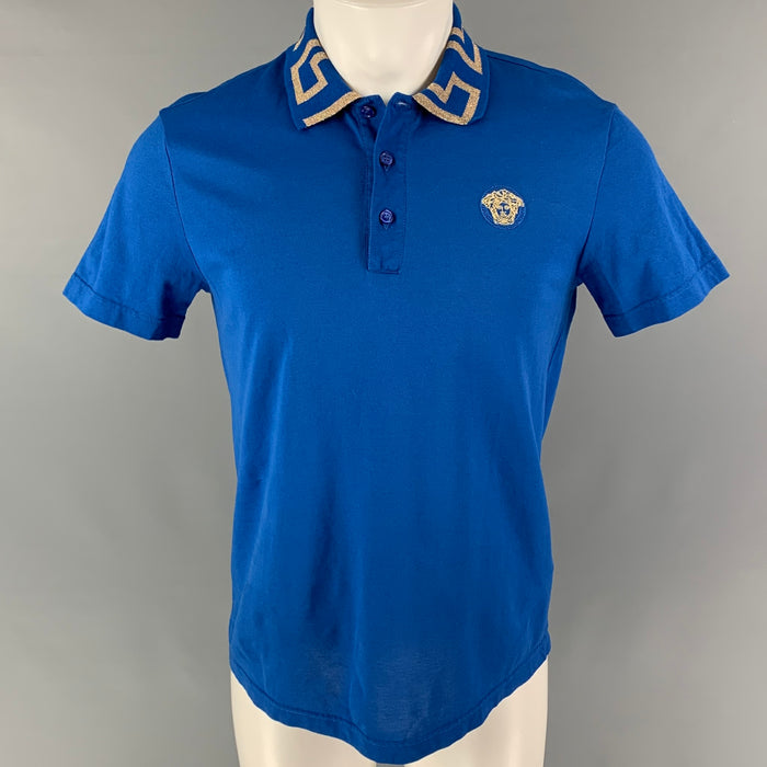 VERSACE Size S Blue Gold Embroidery Polyester Viscose Greca Short Sleeve Polo