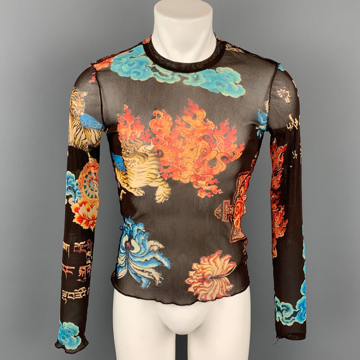 JUST CAVALLI Size M Brown & Orange Print Polyamide Mesh Crew-Neck Pullover