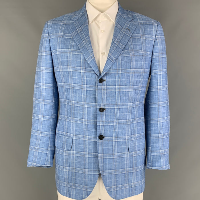 KITON Chest Size 44 Light Blue White Plaid Cashmere Blend Sport Coat