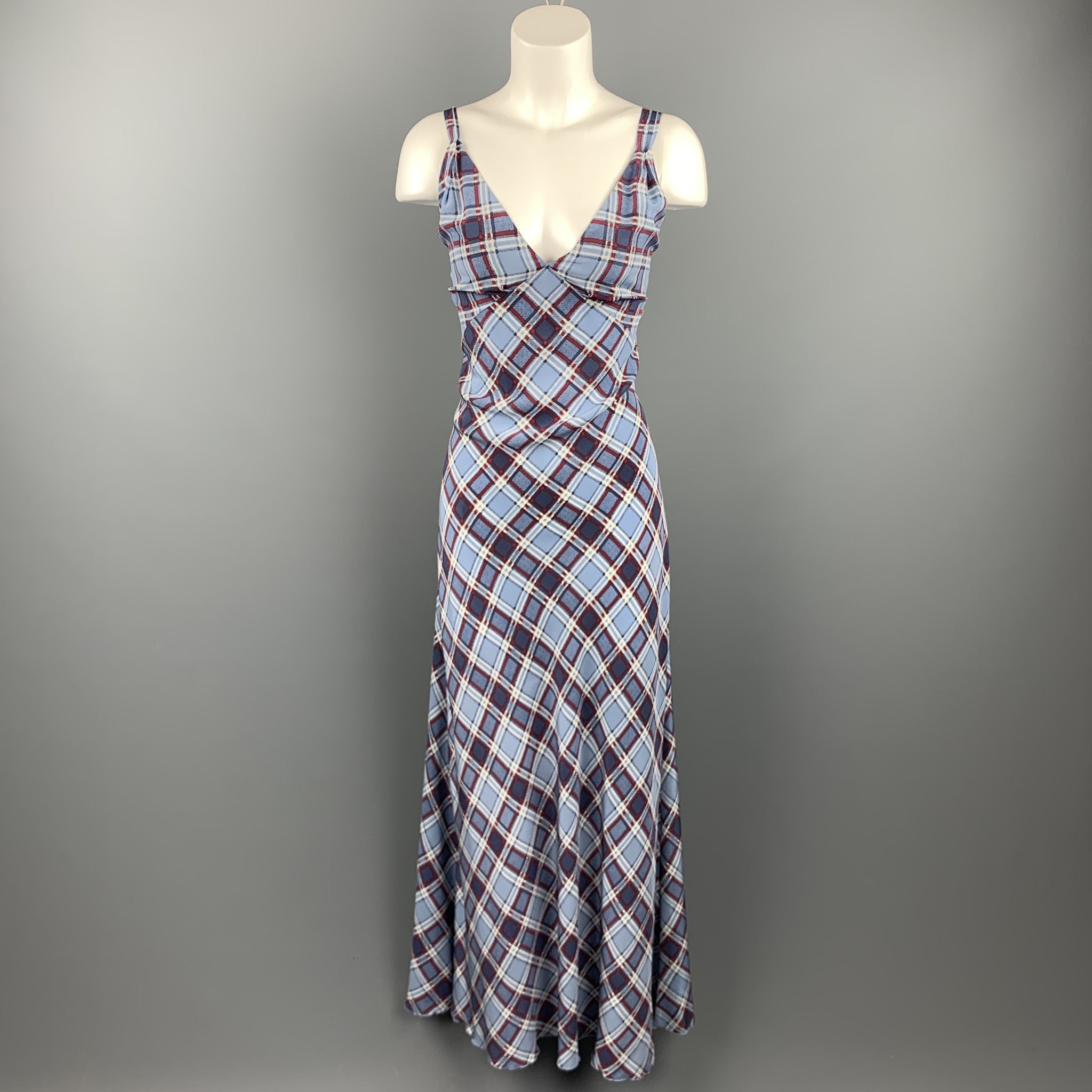 MARC JACOBS Size 8 Blue Plaid Silk Long Maxi Double Strap Dress Sui Generis Designer Consignment MARC JACOBS Size 8 Blue Plaid Silk Long Maxi Double Strap Dress Sui Generis Designer Consignment