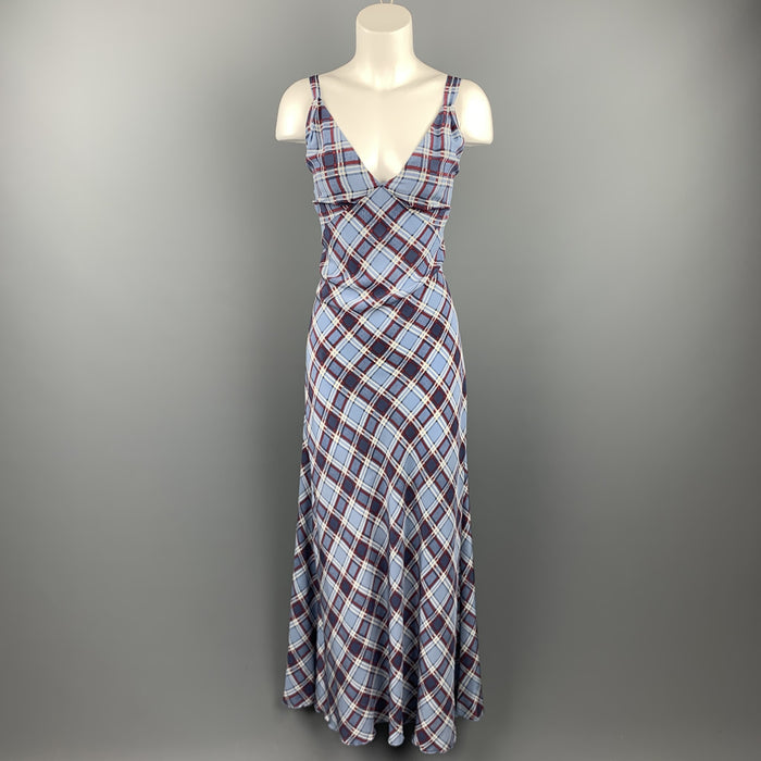 MARC JACOBS Talla 8 Vestido largo largo de seda a cuadros azul con doble tirante