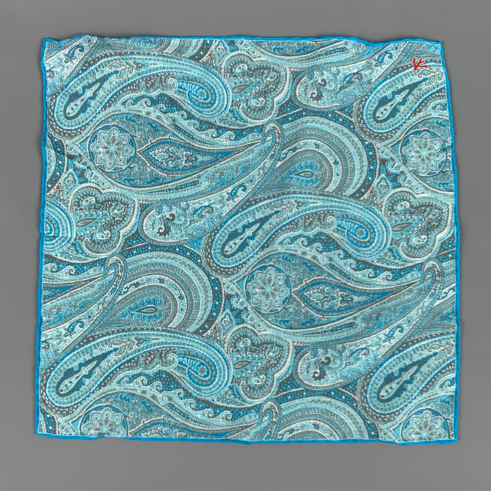 ISAIA Turquoise Taupe Paisley Cotton Silk Pocket Square