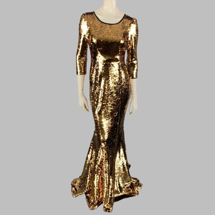 DOLCE & GABBANA Vestido con dobladillo de sirena de poliéster con lentejuelas doradas y negras talla 6