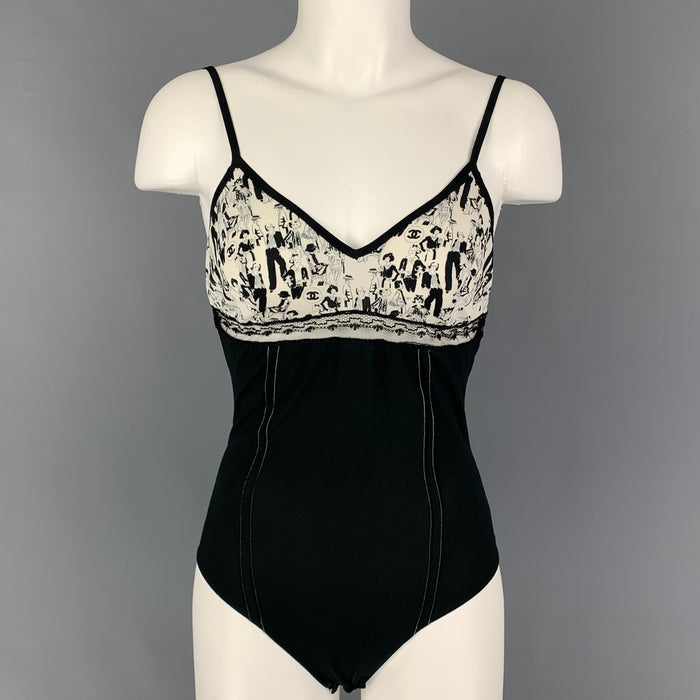 CHANEL Size 8 Black White Silk Body Suit Casual Top