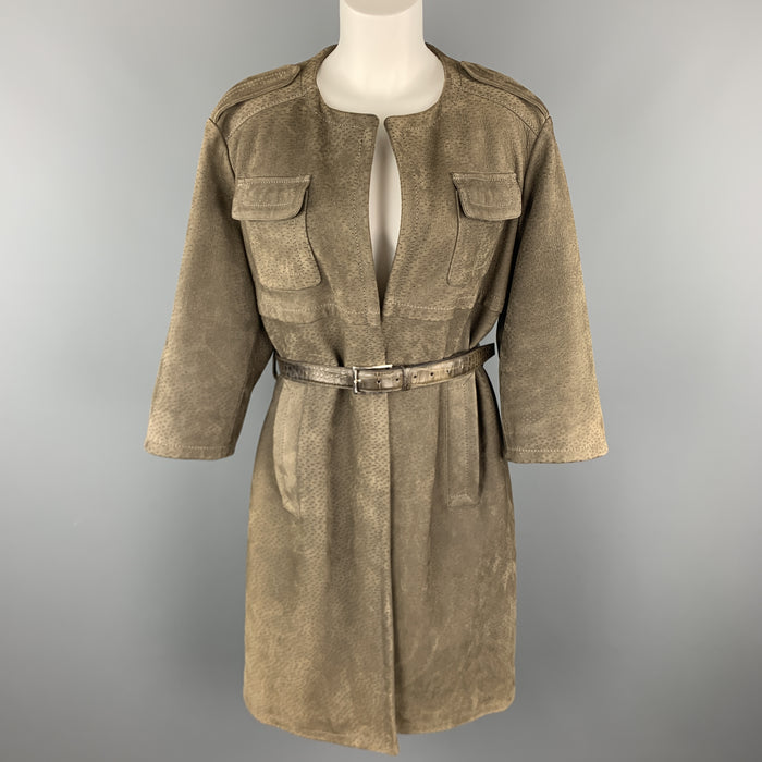 PRADA Size S Olive Green Textured Sueded Leather Alligator Belt Military Coat