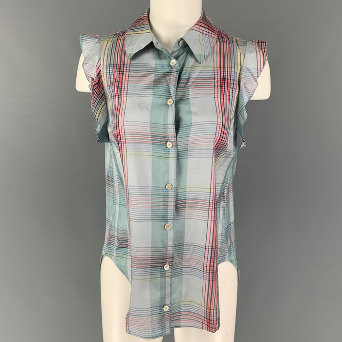 STELLA McCARTNEY Size M Blue Multi-Color Silk Plaid Ruffle Casual Top
