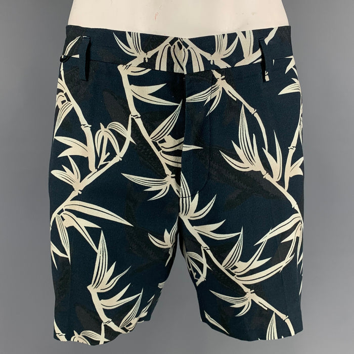 MARC JACOBS Talla 38 Pantalones cortos con bragueta y cremallera de algodón con estampado azul marino y blanco roto