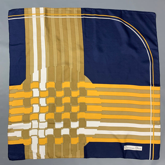 CHRISTIAN DIOR Navy & Gold Taupe Geometric Silk Twill Scarf