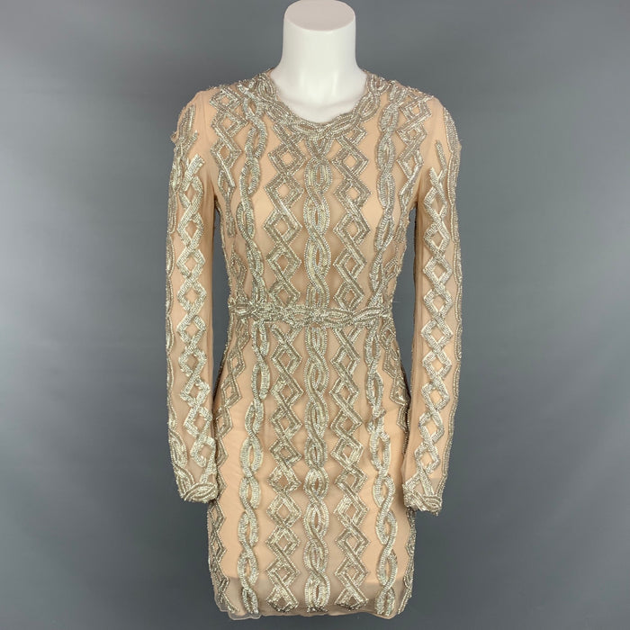 BLUMARINE Size M Nude Art deco Beaded Long Sleeve Cocktail Dress