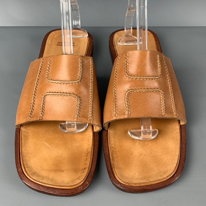 HERMES Size 12 Tan Contrast Stitch Leather Slip On Sandals