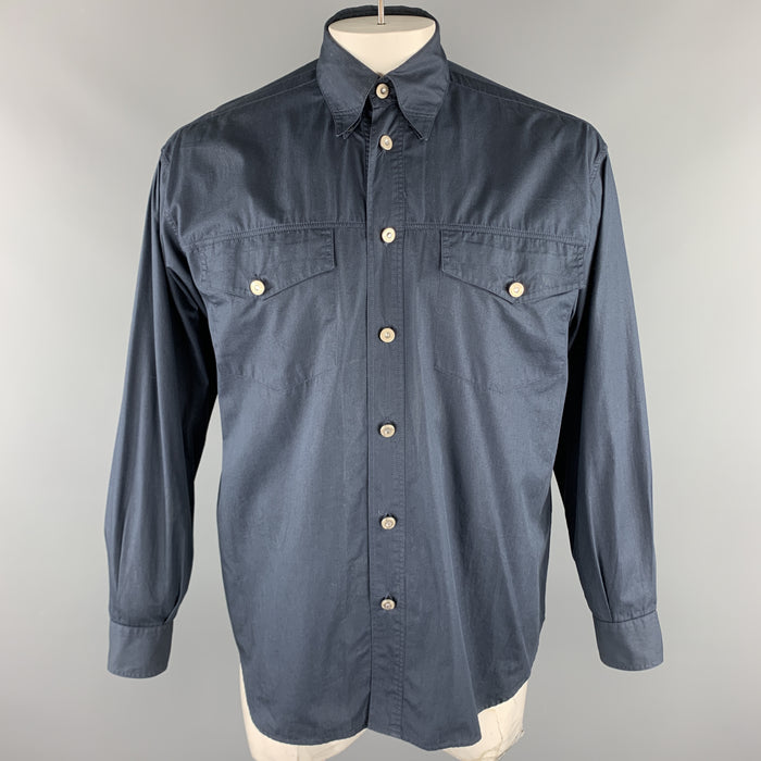 Vintage VERSACE JEANS COUTURE Size M Navy Cotton Embellished Buttons Long Sleeve Shirt