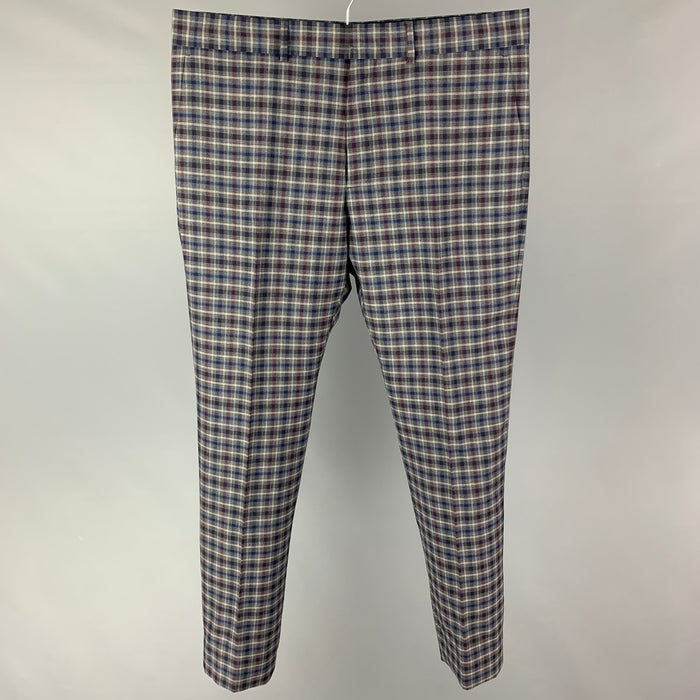 LOUIS VUITTON Size 36 Navy Grey Plaid Wool Zip Fly Dress Pants