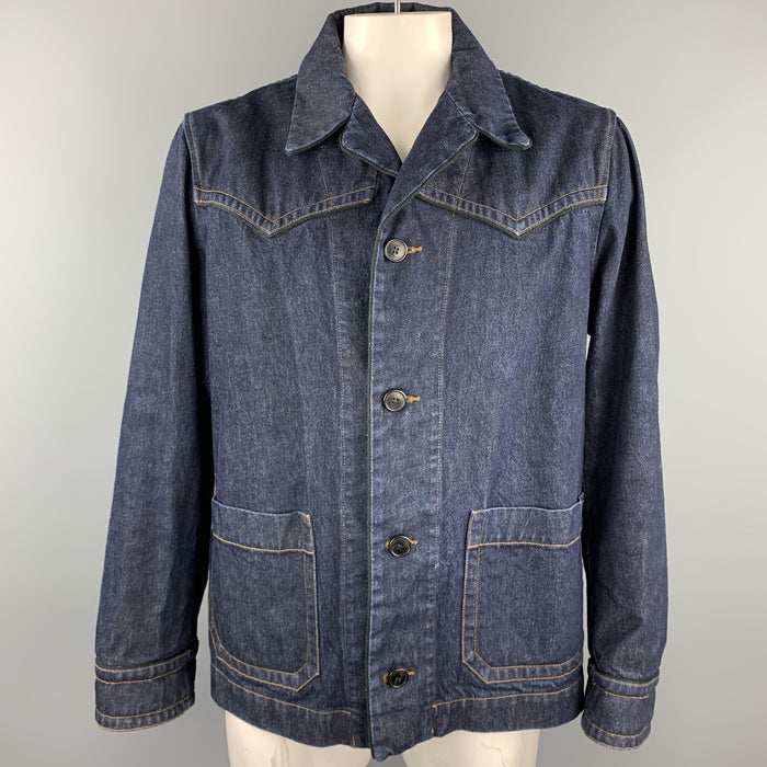 DRIES VAN NOTEN Size XL Indigo Contrast Stitch Denim Buttoned Jacket