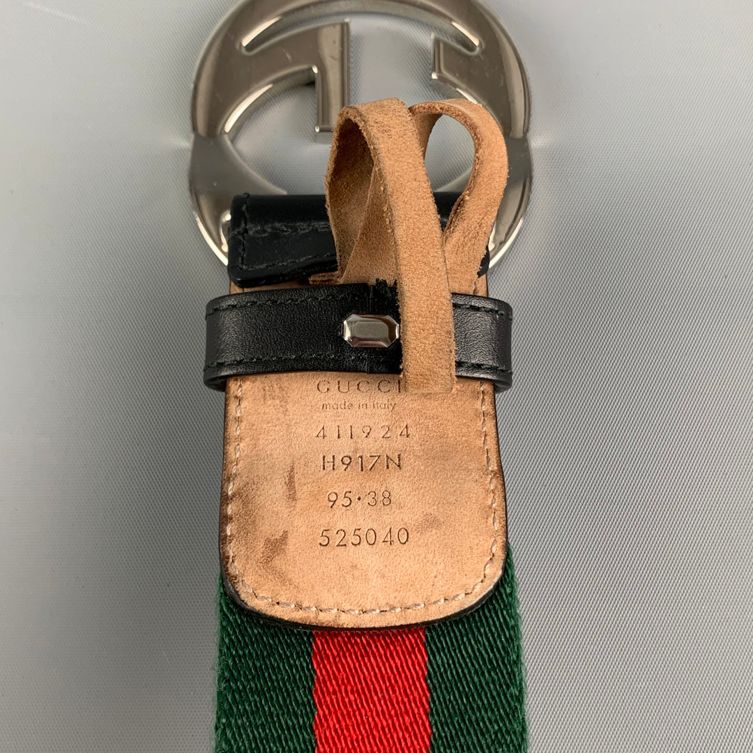 GUCCI Size 40 Green Red Stripe Fabric Leather GG Belt
