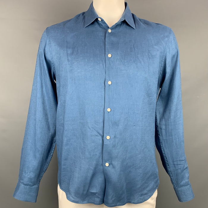 SANDRO Size XL Blue Linen Button Up Classic Fit Shirt