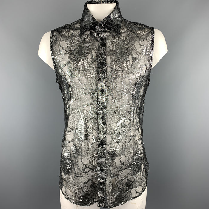 Vintage GIANNI VERSACE Size XXL Silver & Black Lace Silk Blend Button Up Sleeveless
