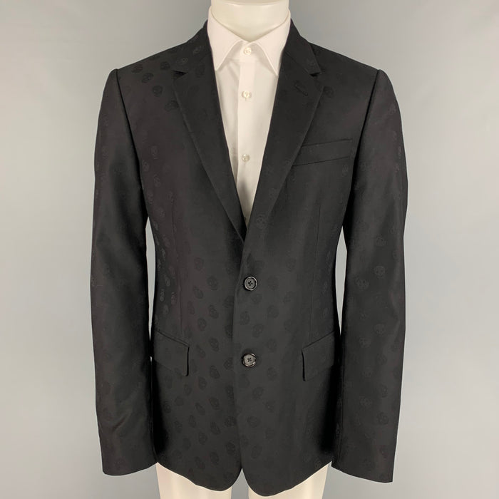 ALEXANDER MCQUEEN Size 42 Black Skull Print Wool Notch Lapel Sport Coat