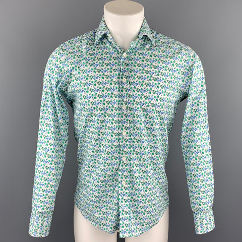ETRO Size S White & Green Floral Cotton Button Up Long Sleeve Shirt