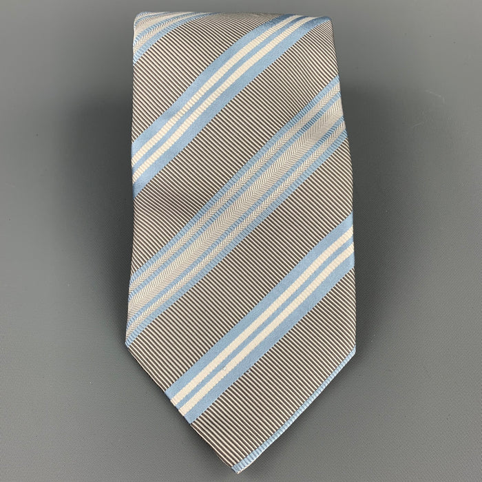 ERMENEGILDO ZEGNA Gray & Light Blue Diagonal Stripe Silk / Cotton Tie