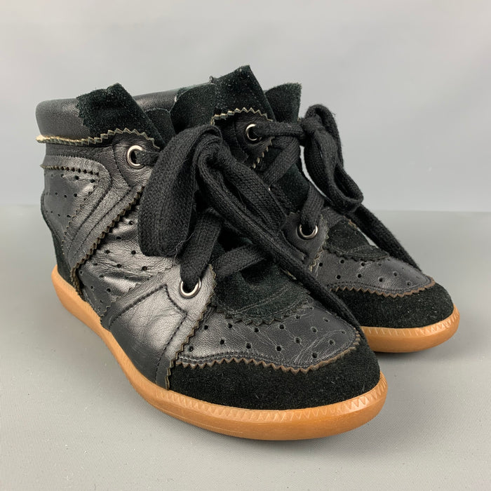 ISABEL MARANT Size 7 Black Leather Perforated Wedge Sneakers