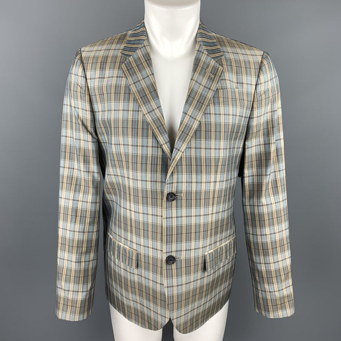 MARC by MARC JACOBS Size L Teal Blue Plaid Silk Notch Lapel Sport Coat