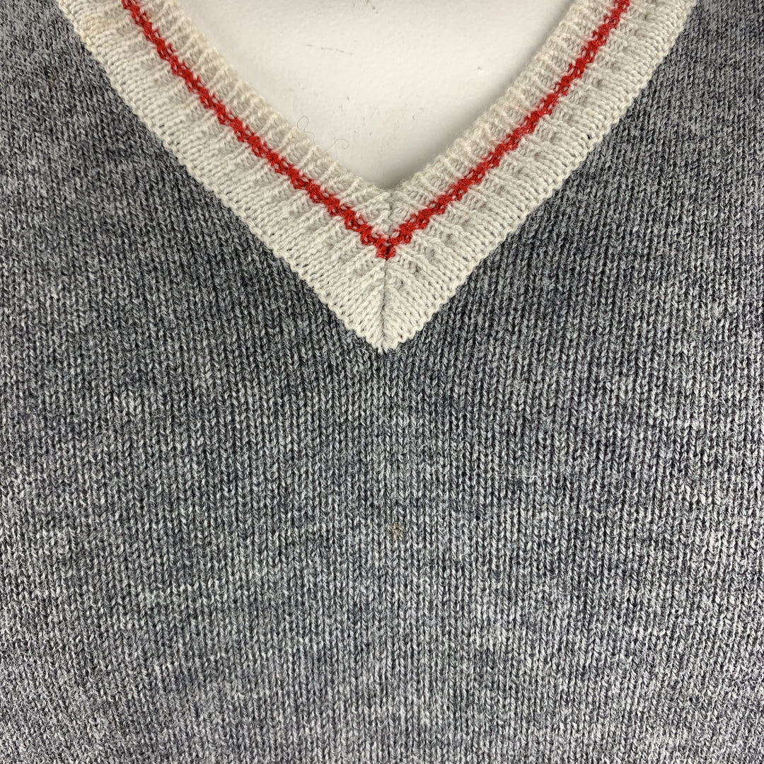 PRADA Size L Gray Wool V-Neck Beige Trim Elbow Patch Pullover Sweater