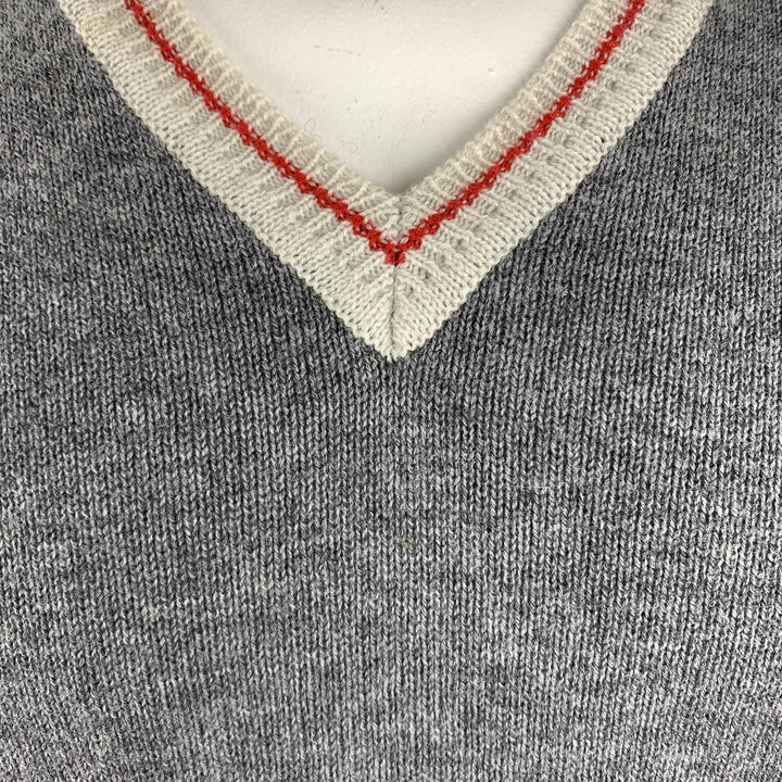 PRADA Size L Gray Wool V-Neck Beige Trim Elbow Patch Pullover Sweater