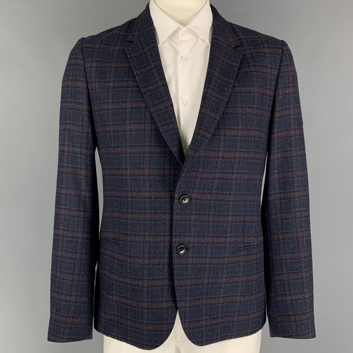 PAUL SMITH Talla 44 Abrigo deportivo de lana a cuadros color burdeos azul marino con un solo pecho