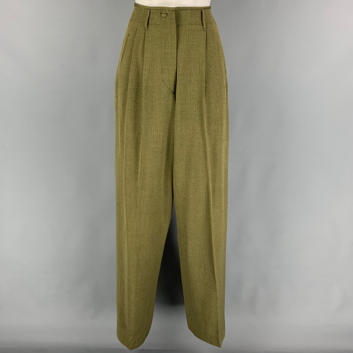 JEAN PAUL GAULTIER Size 8 Olive Black Herringbone High Waisted Pleated Dress Pants