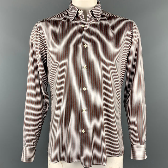 ERMENEGILDO ZEGNA Size L Grey & Brown Stripe Cotton Button Up Long Sleeve Shirt