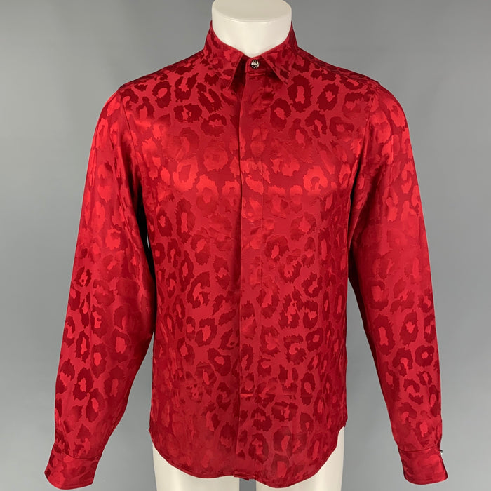 JUST CAVALLI Size S Red Animal Print Acetate Viscose Long Sleeve Shirt