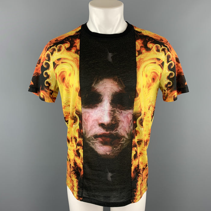 GIVENCHY "Madonna in Flames" Size XS Black & Yellow Flames Polyester Crew-Neck T-shirt