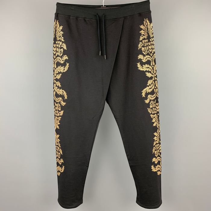 ROBERTO CAVALLI Size 38 Black & Gold Embellishment Cotton Drawstring Casual Pants