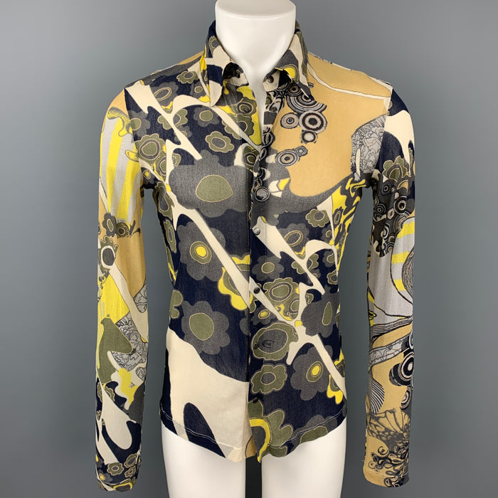 JUST CAVALLI Size S Multi-Color Print Polyamide Snaps Long Sleeve Shirt