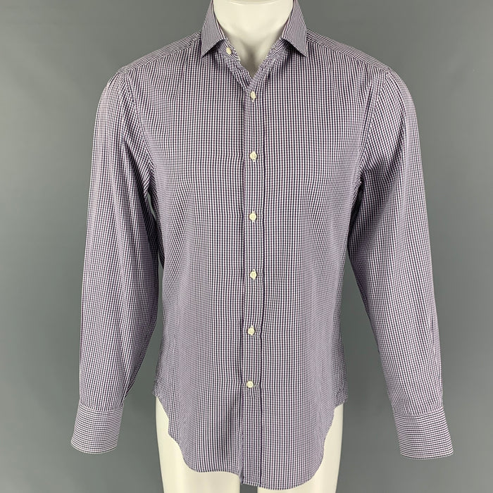 BRUNELLO CUCINELLI Talla S Camisa Manga Larga Algodón A Cuadros Morado Azul Marino