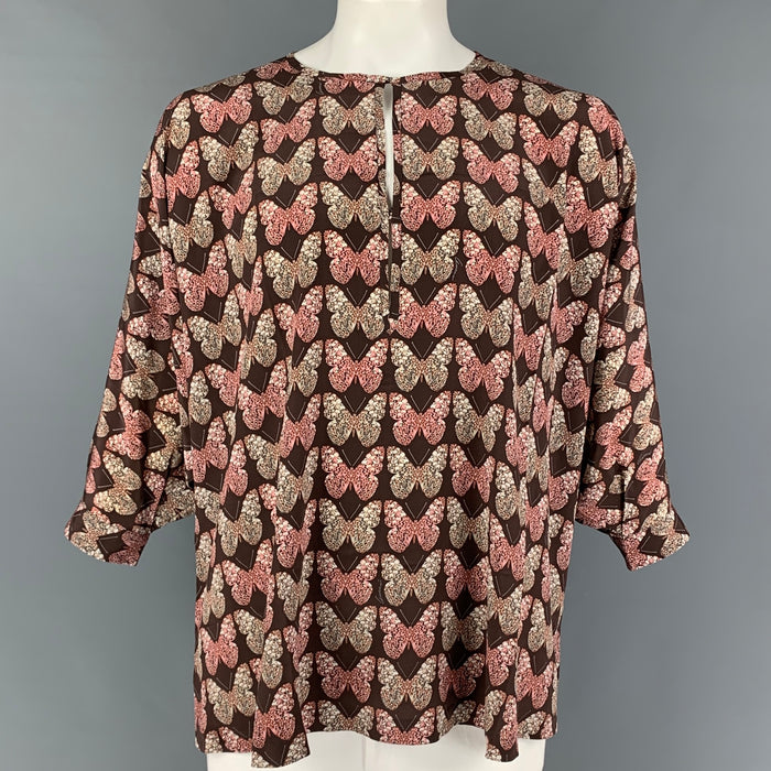 GUCCI Size L Brown Beige Butterfly Silk Dolman Sleeve Long Sleeve Shirt