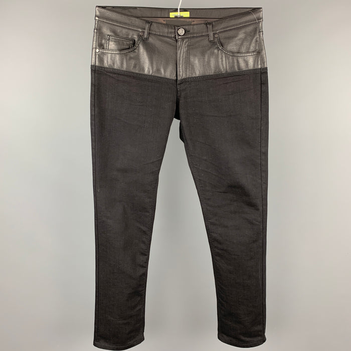 VERSACE JEANS Size 36 Black Cotton / Polyester Leather Trim Zip Fly Jeans
