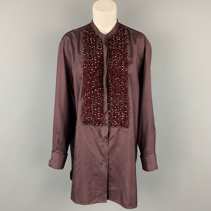 DRIES VAN NOTEN Size L Brown Beaded Silk French Cuffs Shirt