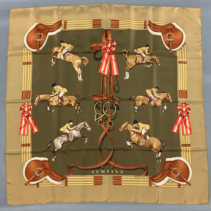HERMES by Philippe Ledoux Olive Taupe Equestrian Silk Twill Scarf