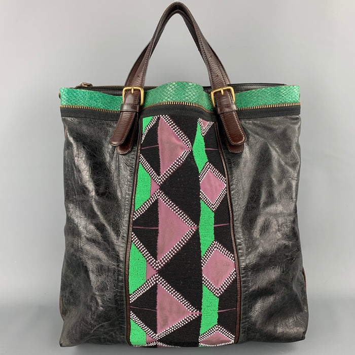 DRIES VAN NOTEN Brown & Green Patchwork Beaded Leather Handbag