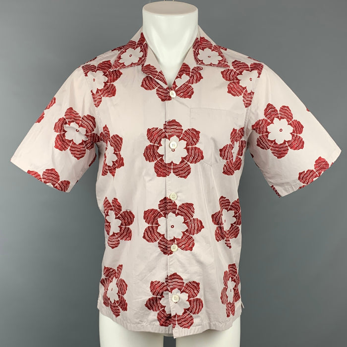 PRADA Size M Light Grey & Burgundy Floral Cotton Camp Short Sleeve Shirt