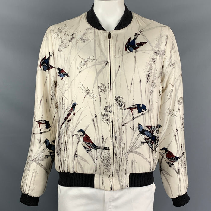 DOLCE & GABBANA Talla 44 Chaqueta bomber de seda con cremallera y estampado beige y azul marino