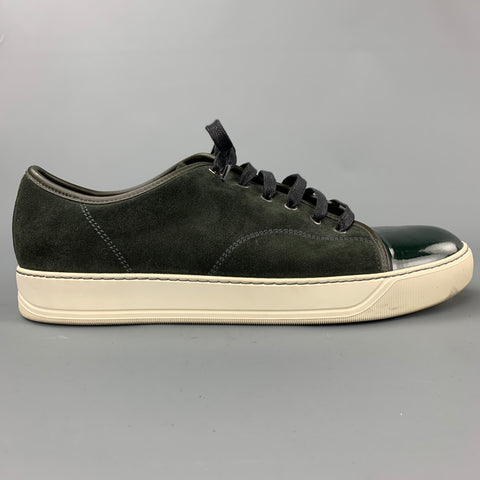 LANVIN Size 11 Olive Suede Patent Leather Cap Toe Sneakers