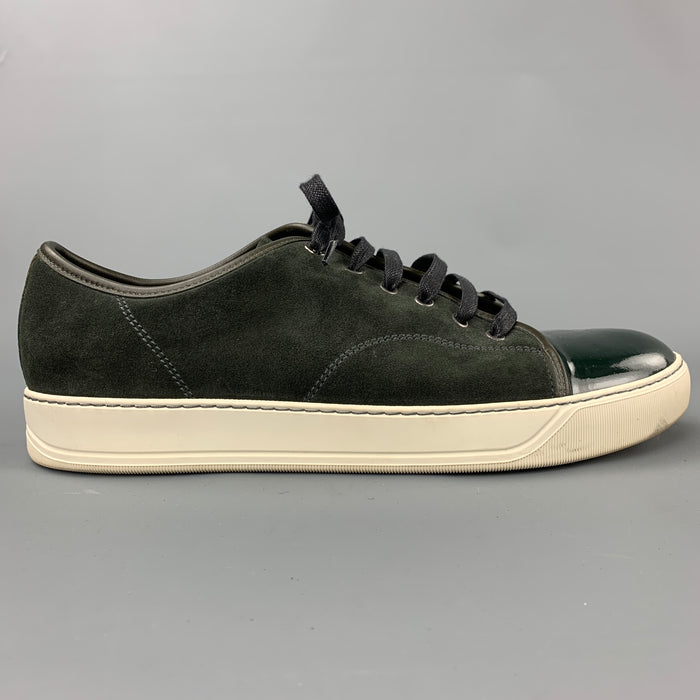 LANVIN Size 11 Olive Suede Patent Leather Cap Toe Sneakers